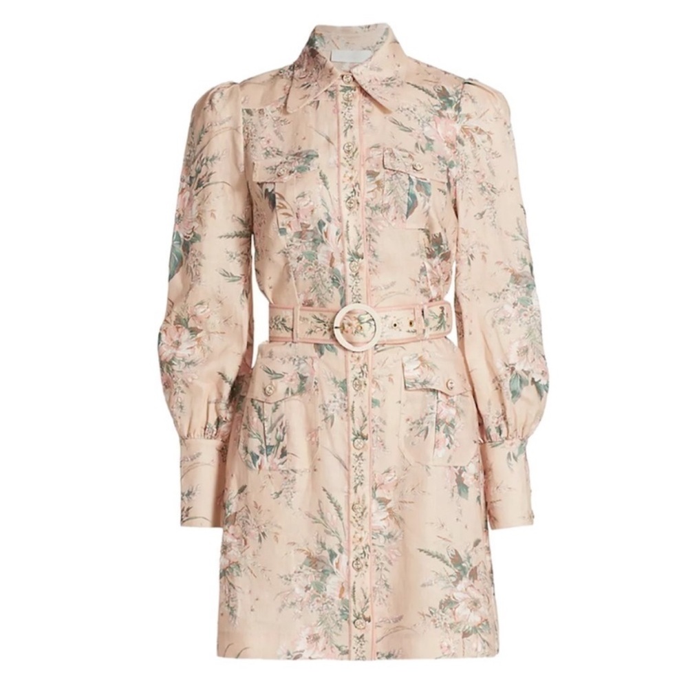 Zimmermann Blush Pink Floral Long-Sleeve Belted Shirt Dress